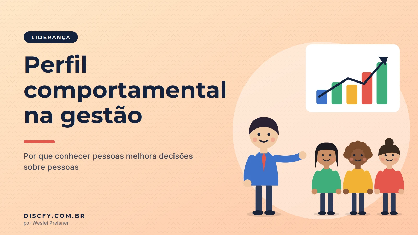Ilustração de um gestor apontando para um gráfico em alta ao lado de três pessoas da equipe com camisetas nas cores do DISC