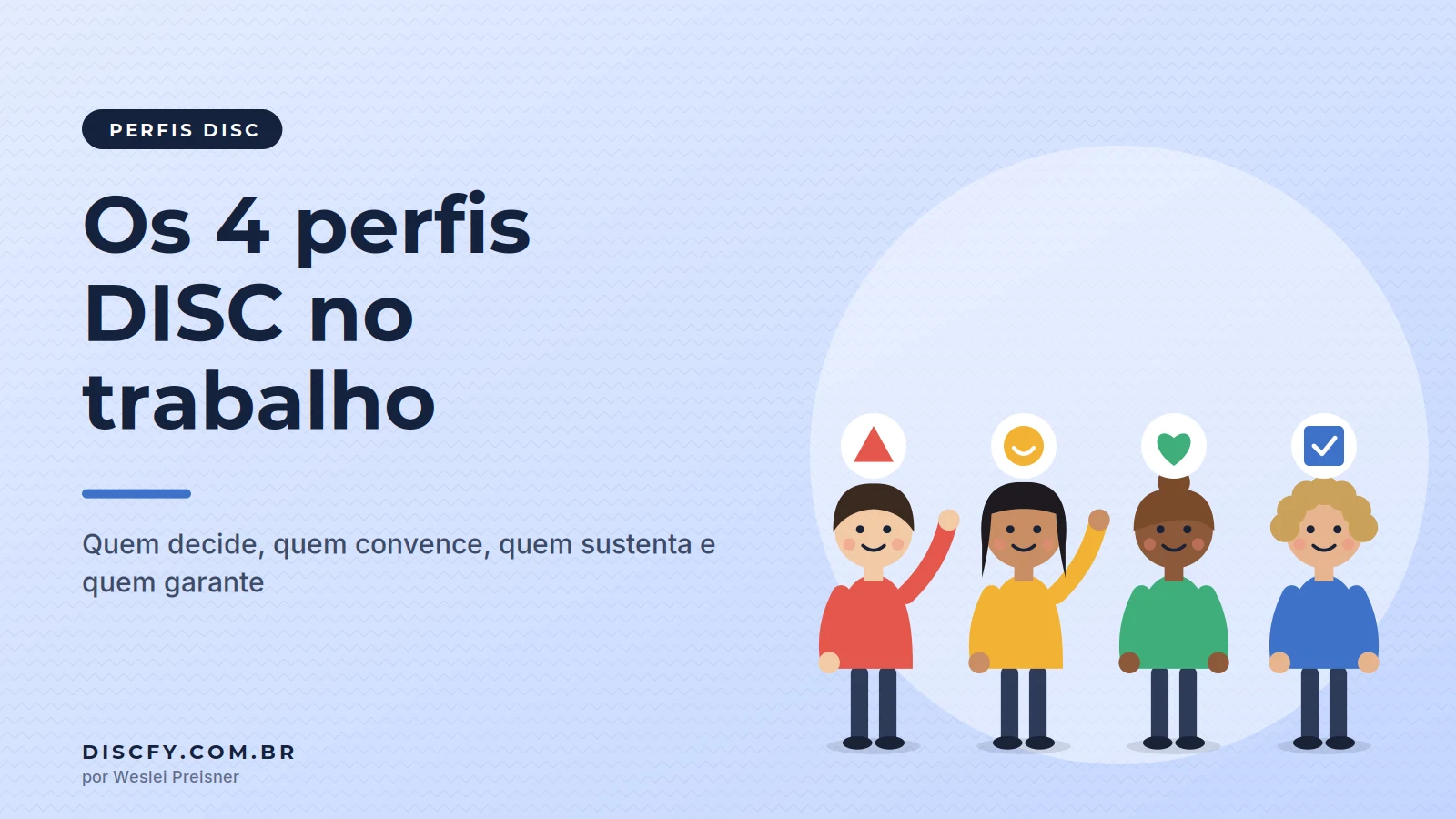 Ilustração de quatro pessoas lado a lado, cada uma com a cor e o símbolo de um perfil DISC: Dominância, Influência, Estabilidade e Conformidade