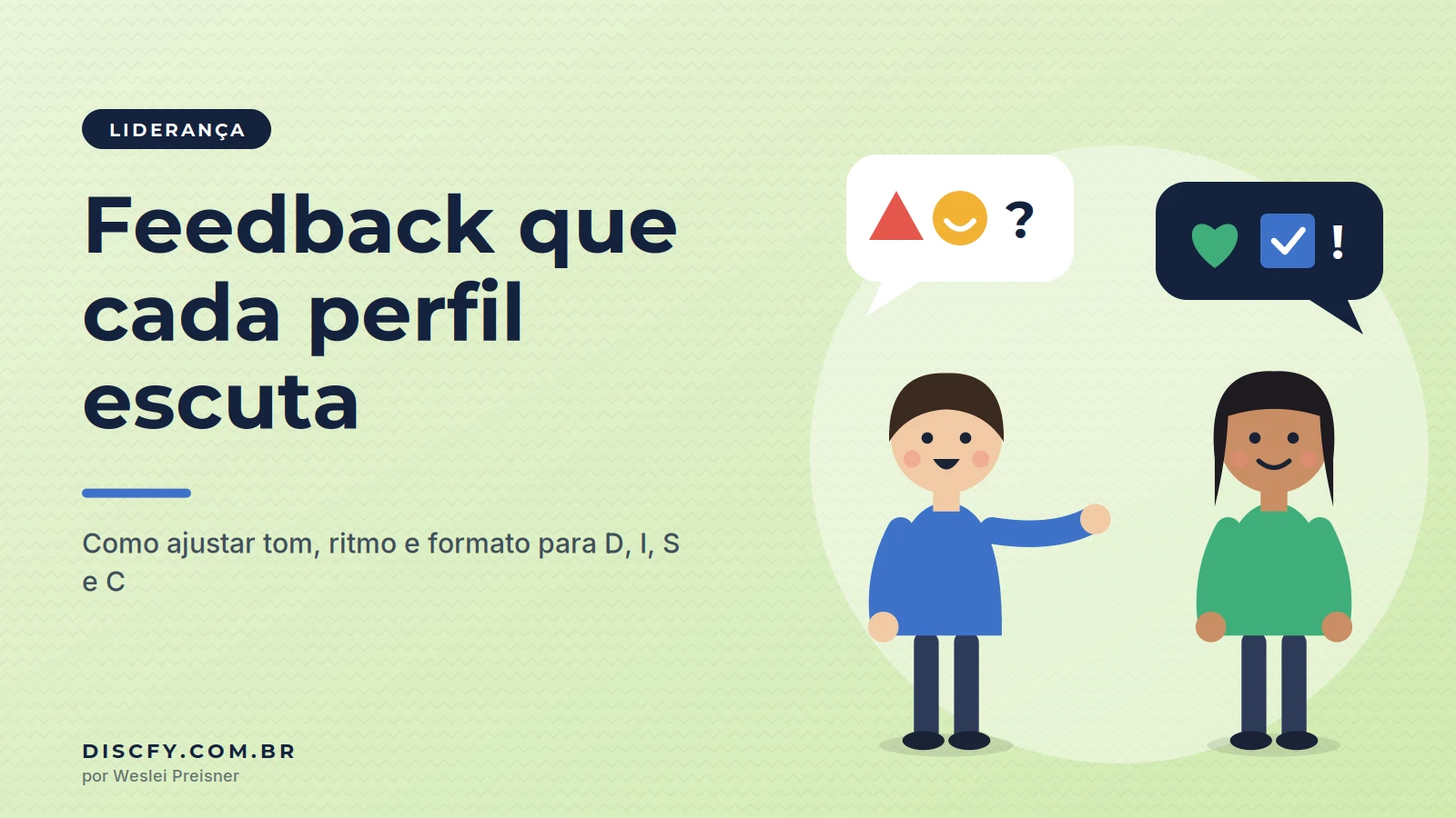 Ilustração de duas pessoas conversando com balões de fala que mostram os símbolos dos quatro perfis DISC