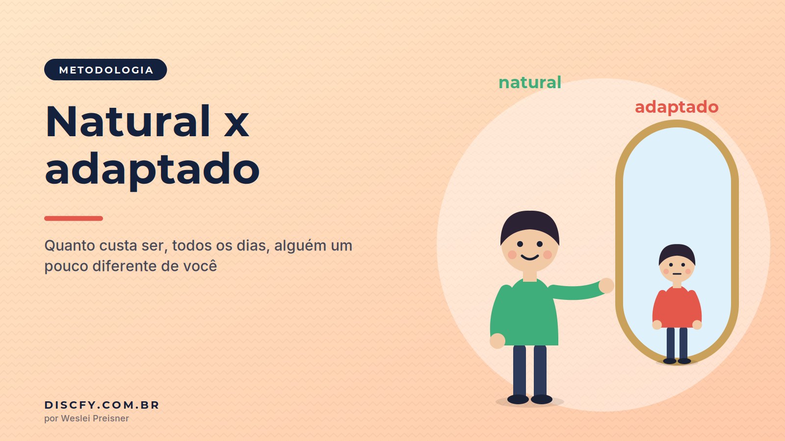Ilustração de uma pessoa de verde diante de um espelho que reflete a mesma pessoa de vermelho, com as palavras natural e adaptado