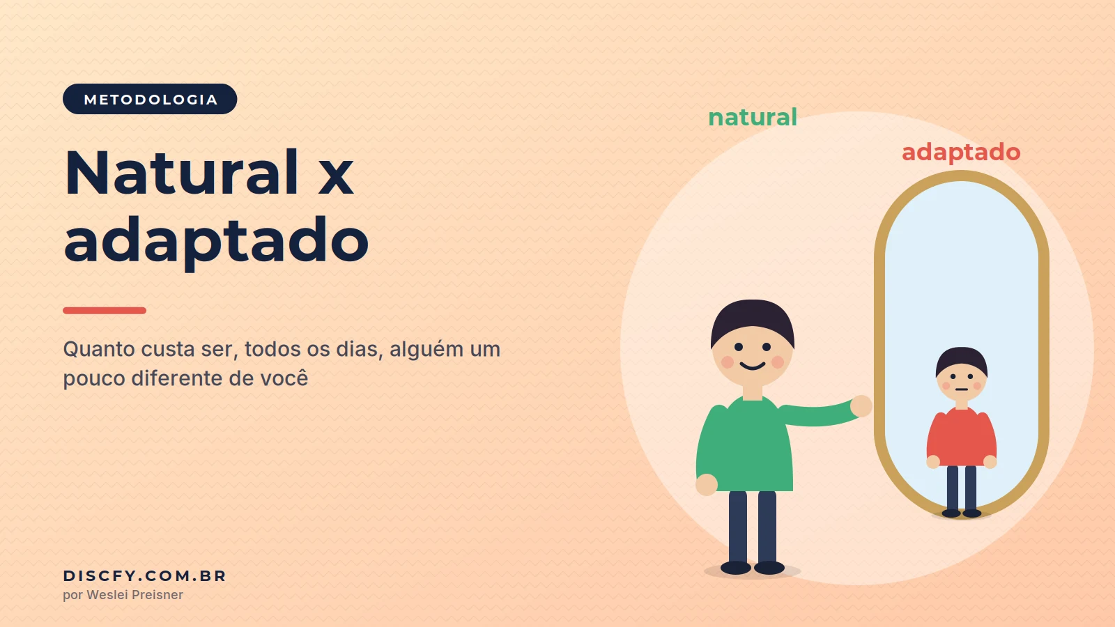 Ilustração de uma pessoa de verde diante de um espelho que reflete a mesma pessoa de vermelho, com as palavras natural e adaptado