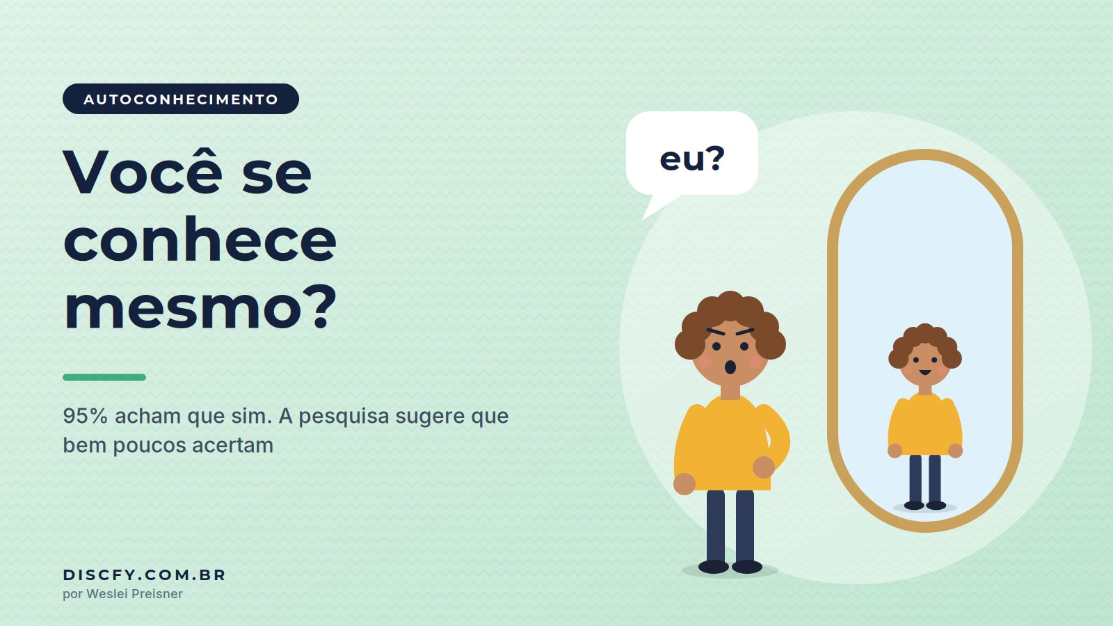 Ilustração de uma pessoa intrigada diante do espelho perguntando eu?, representando o autoconhecimento no trabalho