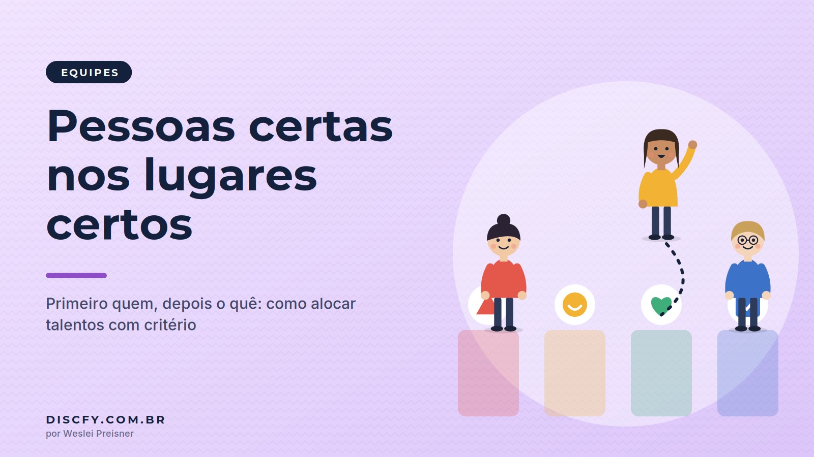 Ilustração de pessoas sendo posicionadas em lugares com os símbolos dos perfis DISC, representando pessoas certas nos lugares certos