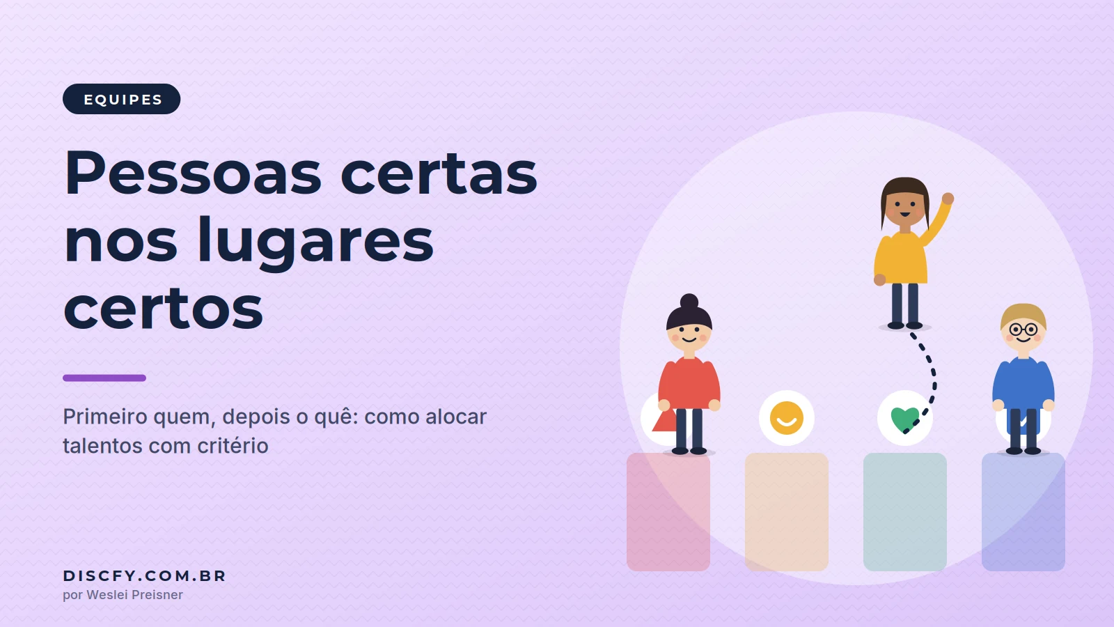 Ilustração de pessoas sendo posicionadas em lugares com os símbolos dos perfis DISC, representando pessoas certas nos lugares certos