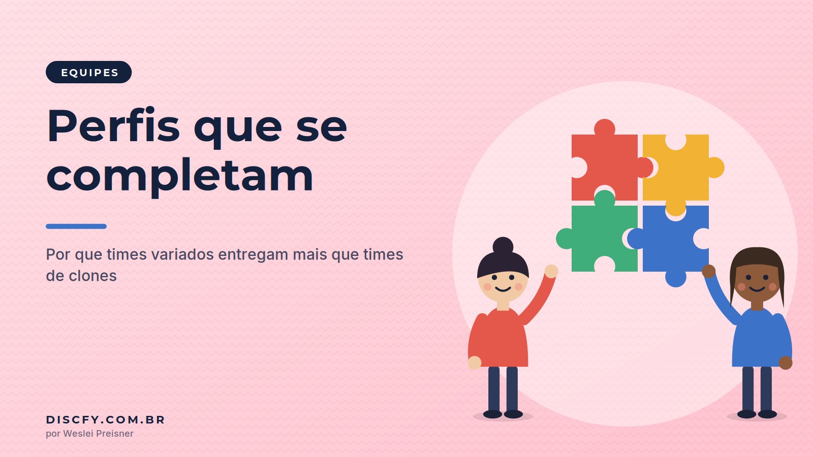 Ilustração de quatro peças de quebra-cabeça nas cores do DISC se encaixando entre duas pessoas comemorando