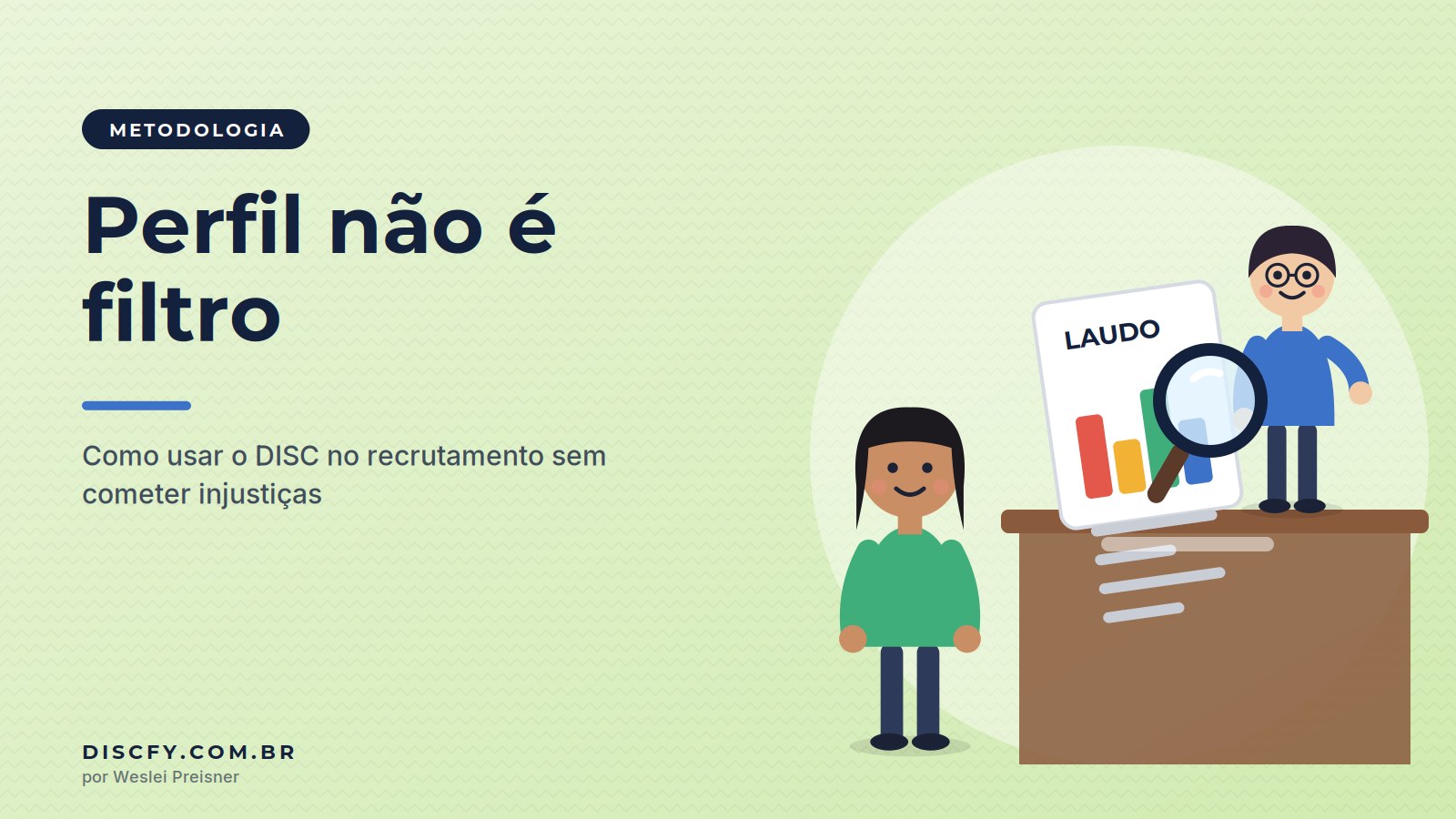 Ilustração de uma entrevista de emprego com recrutador analisando um laudo com lupa diante de uma candidata