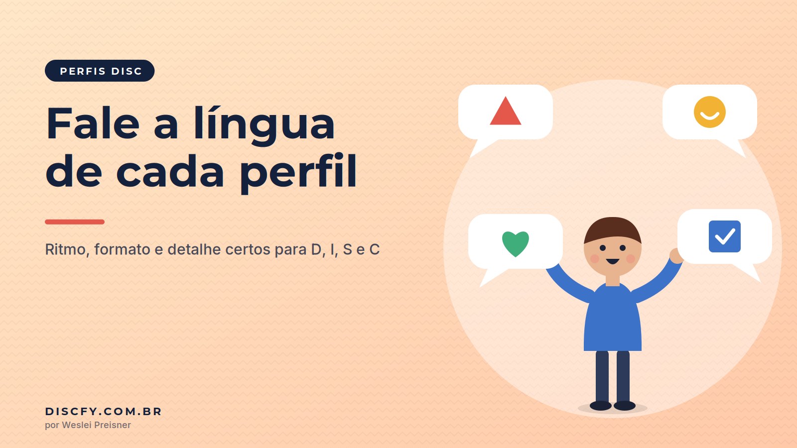 Ilustração de uma pessoa cercada por quatro balões de fala, cada um com o símbolo de um perfil DISC