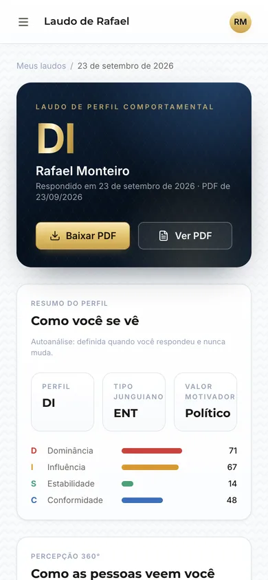A mesma página do laudo no celular: cabeçalho com o perfil DI e os botões Baixar PDF e Ver PDF, seguido do resumo do perfil.