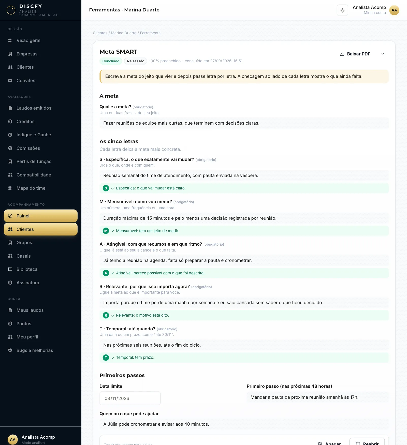 Meta SMART preenchida na sessão, com a checagem de cada letra e o botão Baixar PDF.